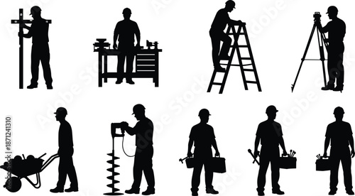 Silhouette sequence of construction workers performing diverse tasks with tools, ladders, wheelbarrows, surveying equipment, showcasing dynamic building industry illustration