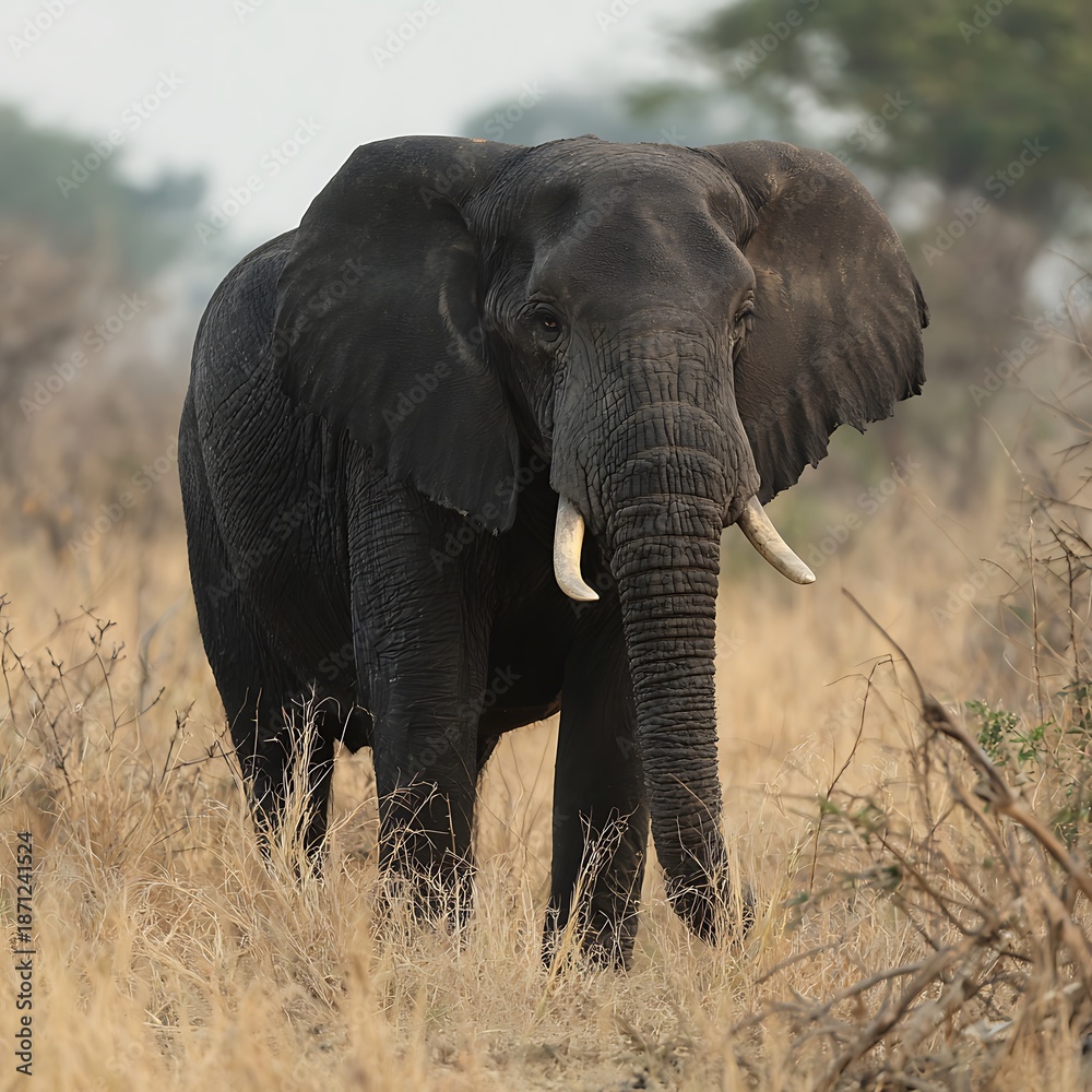 Obraz premium Majestic African Elephant with Tusks Standing in Dry Grass Savannah