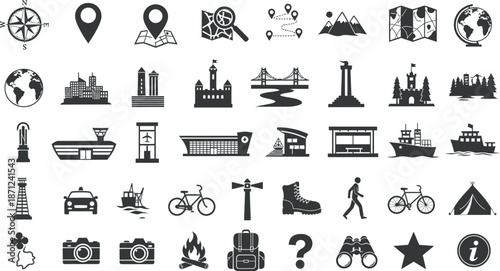 Collection of travel and location icons in black and white