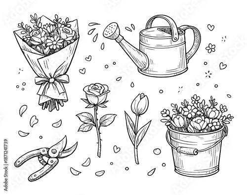Monochrome florals: bouquet, watering can, and potted flowers on dark background