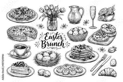Hand drawn easter brunch with traditional dishes and spring decorations