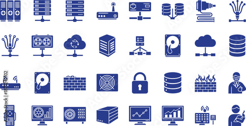 Collection of various blue icons representing technology data and security concepts on a white background
