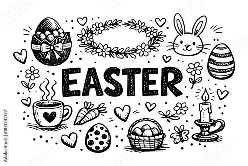 Chalkboard easter doodle: eggs, bunny, floral, candle, carrot, cup