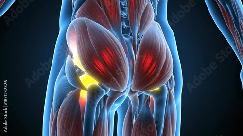 Anatomical illustration of human muscular system showing the pelvis and hip