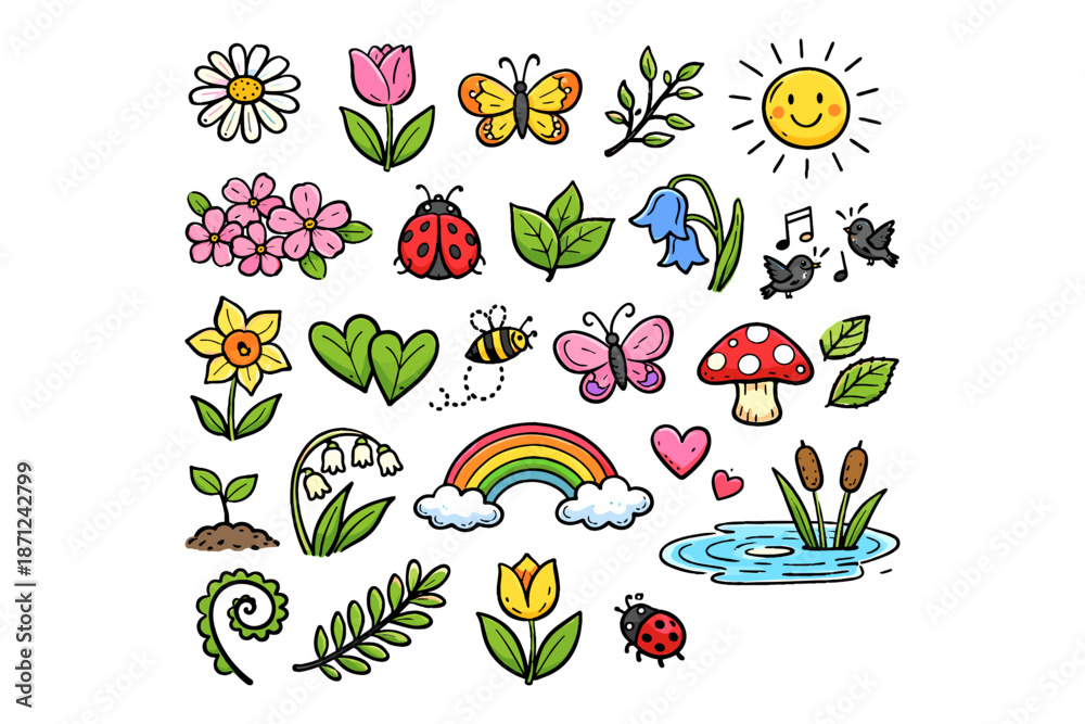 Obraz premium Playful spring doodles with flowers, insects, and nature elements