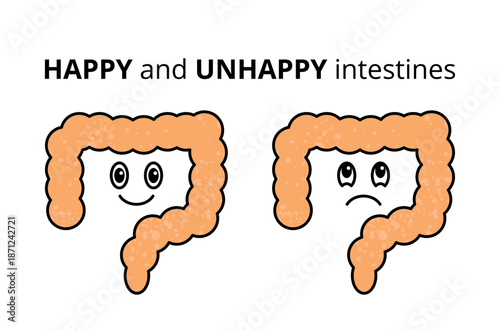 Healthy and Unhealthy Intestines Illustration – Happy and Sad Gut Comparison, Digestive Health Concept.
