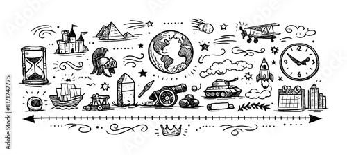Hand-drawn timeline of historical events featuring notable icons across ages