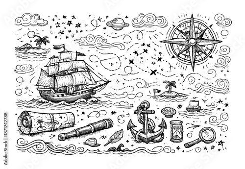 Nautical adventure sketch with ship, compass, and sea elements
