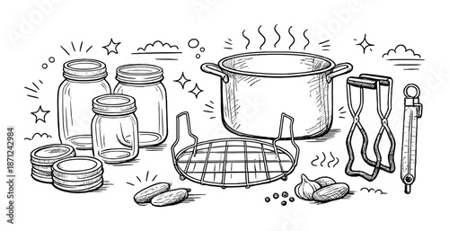 Black and white canning supplies illustration with jars and cooking tools
