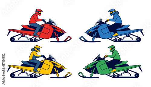 Snowmobile riders doing winter sports vector illustration set
