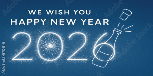 Happy New Year 2026 Celebration with Champagne Fireworks on Blue Festive Background
