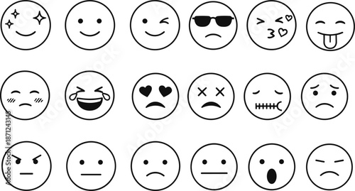 Simple emoji face expression collection featuring happy, sad, angry, laughing, love, confused, and playful doodle-style icons