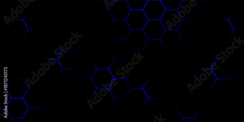 Abstract honeycomb pattern with neon blue lines on black, ideal for technology, AI, blockchain, and cybersecurity concepts.