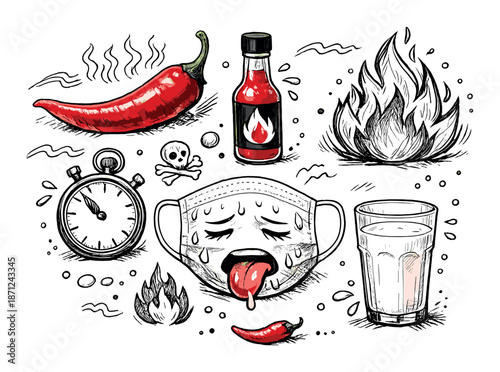 Spicy challenge elements: chili, hot sauce, fire, stopwatch, and mask