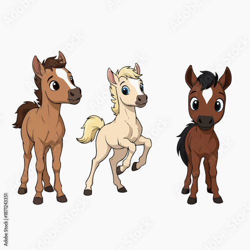 Group of three cute cartoon foals with different coat colors
