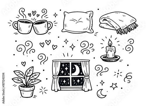 Cozy night doodles: tea, pillow, blanket, candle, plant, moonlit window