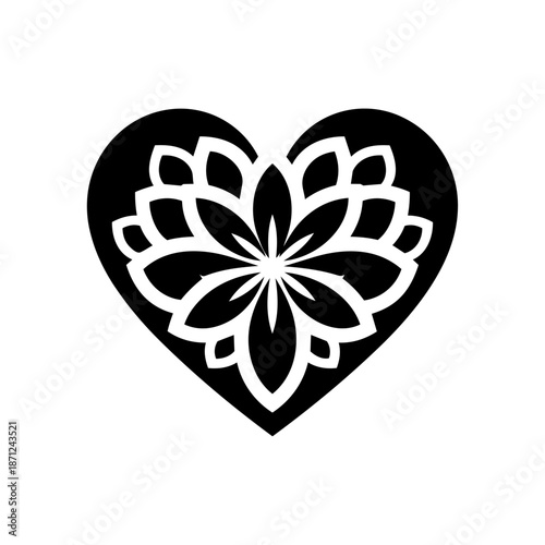 A heart shape filled with floral symmetry, representing love, compassion, emotional healing, self care, and harmony between mind and heart.