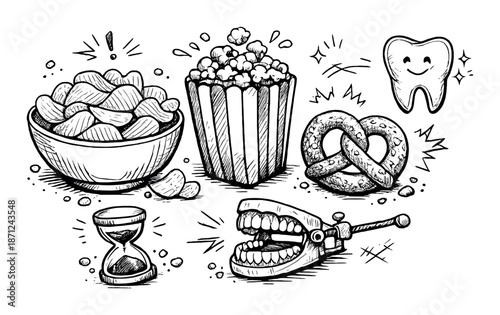 Sketch of snacks and dental icons: popcorn, pretzel, hourglass, tooth, denture