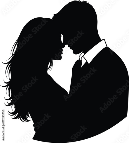 Romantic couple silhouette embracing closely in love, emotional connection, intimate moment, black vector art for Valentine’s Day and relationships
