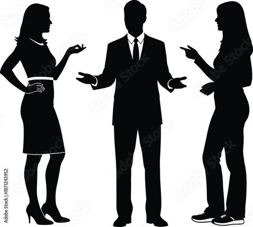 Silhouette of Three People Engaged in Discussion, Businessman Debating with Two Women, Professional and Casual Attire, Communication Concept Vector