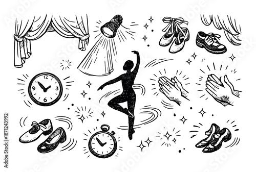 Elegant dark-themed dance illustration featuring ballet elements and silhouettes