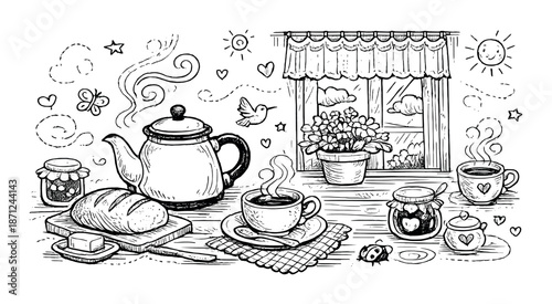 Cozy kitchen scene with teapot, bread, coffee cups, and window view