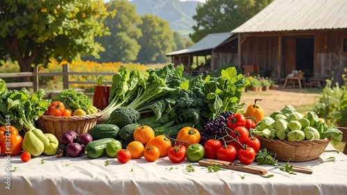 Freshly harvested vegetables and fruits displayed on a table in a rural setting.