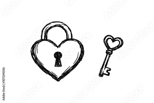Hand-drawn heart shaped padlock with key symbolizing love and security