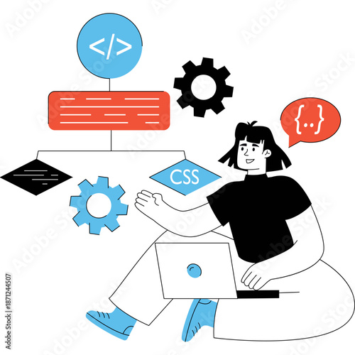 Person coding with flowchart and gears