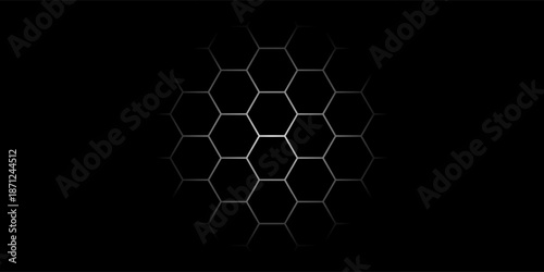 Minimal abstract hexagon grid in dark gray on black, creating a modern and elegant technology background.