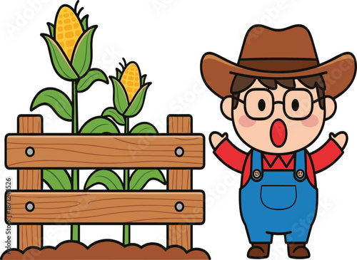Cartoon farmer, corn field, wooden fence, agriculture, harvest, rural life, vegetables, farming, countryside, 