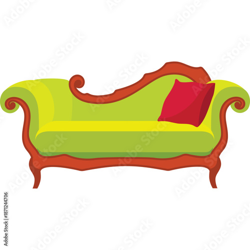Ornate Green Chaise Lounge with Red Pillow