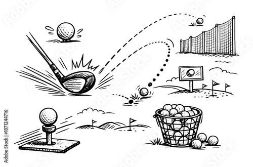 Monochrome golf comic illustration with club, balls, and green details