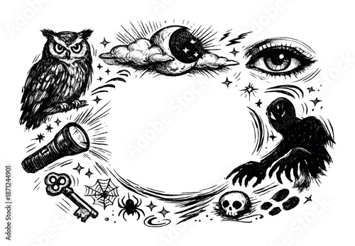 Mystical night scene with owl, moon, and eye in dark space
