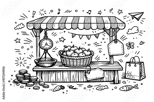 Hand-drawn market stall with fruits and vintage decorations on blackboard background