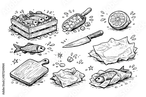 Hand-drawn seafood preparation items with fish in black and white sketch