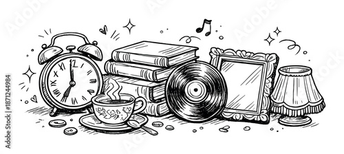 Vintage collection: alarm clock, stack of books, and tea cup illustration