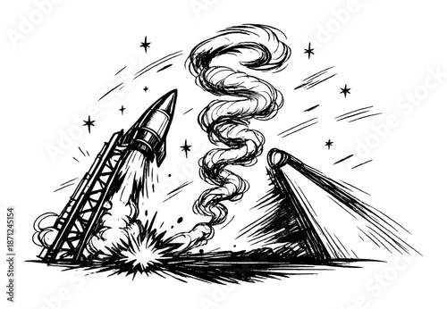 Retro spacecraft launch with rocket in monochrome sketch
