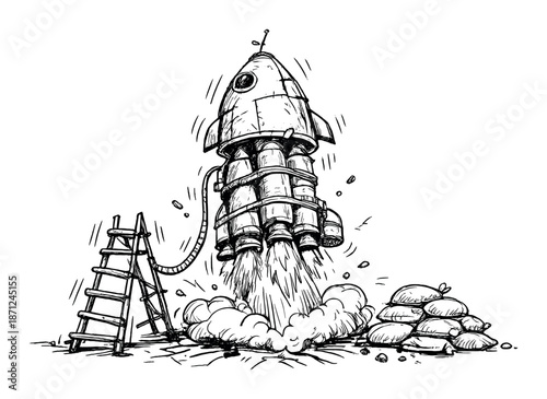 Black and white cartoon rocket launch with ladder and sandbags
