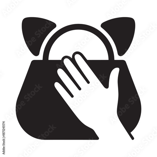 Black and white icon depicting a hand reaching into a handbag