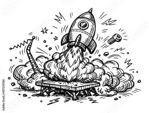 Cartoon rocket launching on dark background with animated effects