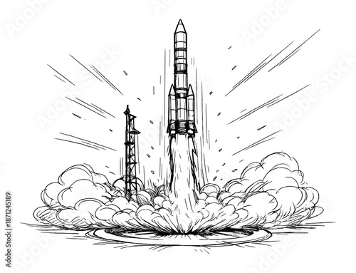Dynamic black and white rocket launch sketch with explosive energy