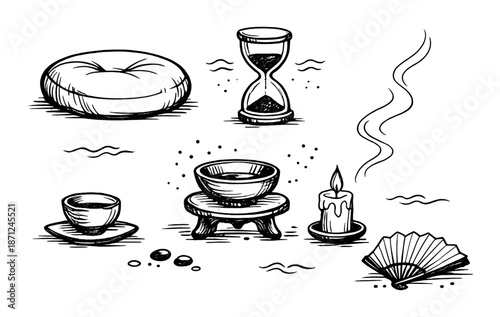 Zen meditation setup with candle, tea, and hourglass illustration