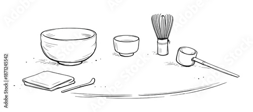 Traditional japanese tea ceremony utensils display on smooth surface
