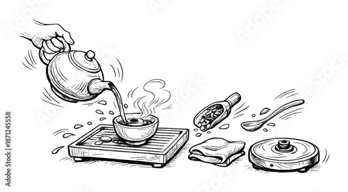 Hand pouring tea into cup with teapot and accessories in black and white sketch