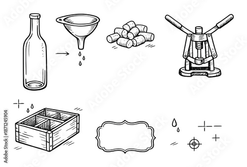 Wine bottling process: bottle, corks, corker, box, label