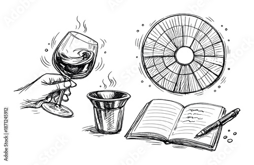 Wine tasting and note taking illustration with color wheel