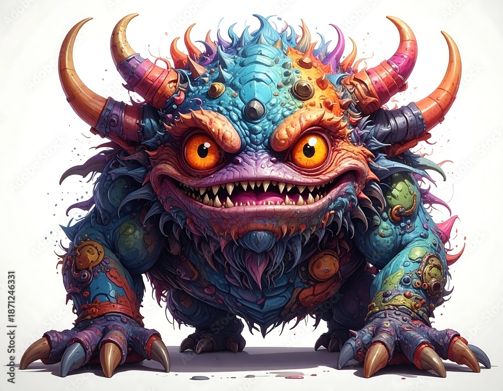 Obraz premium Colorful Monster with Horns and Sharp Teeth Illustration.