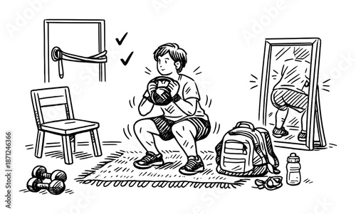 Teen exercising indoors: male caucasian performing squats with dumbbells and fitness gear