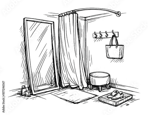 Monochrome bathroom sketch with curtain and tub